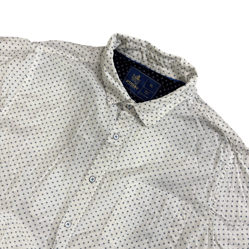 RUGBY UNIVERSITY Mens XL White Blue Geo Cotton Button Down Shirt Short Sleeve